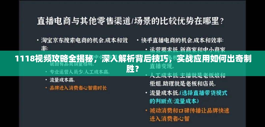 1118视频攻略全揭秘，深入解析背后技巧，实战应用如何出奇制胜？