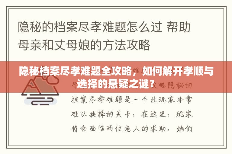 隐秘档案尽孝难题全攻略，如何解开孝顺与选择的悬疑之谜？